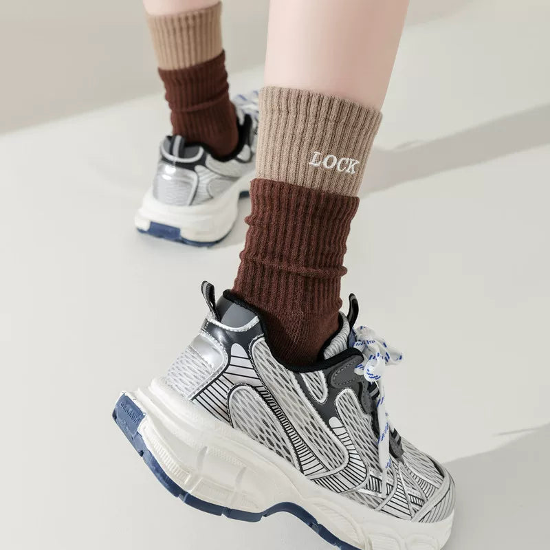 Autumn And Winter Thickened Mid-Tube Socks Double-Layer Spliced Long Socks For Women Korean Version Ins Trendy Brand Double Ruffled Letter Cotton Socks