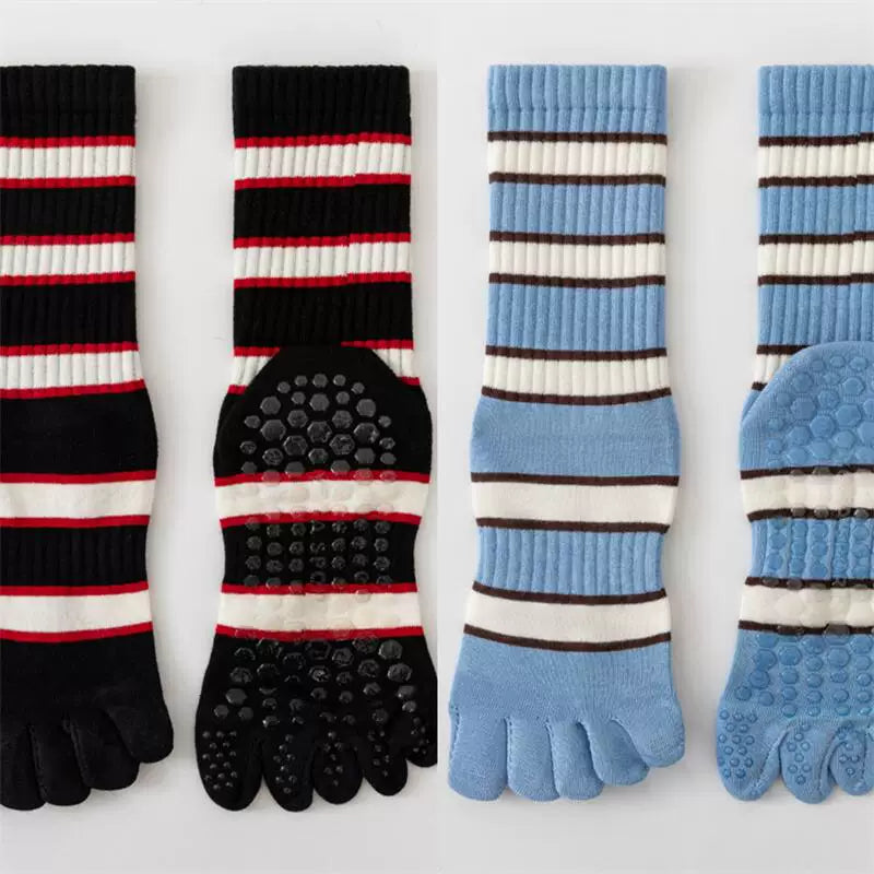 Findszx | Women’s Five-Toe Mid-Calf Socks for Yoga & Dance, Striped Pattern with Dotted Detail, Active Style