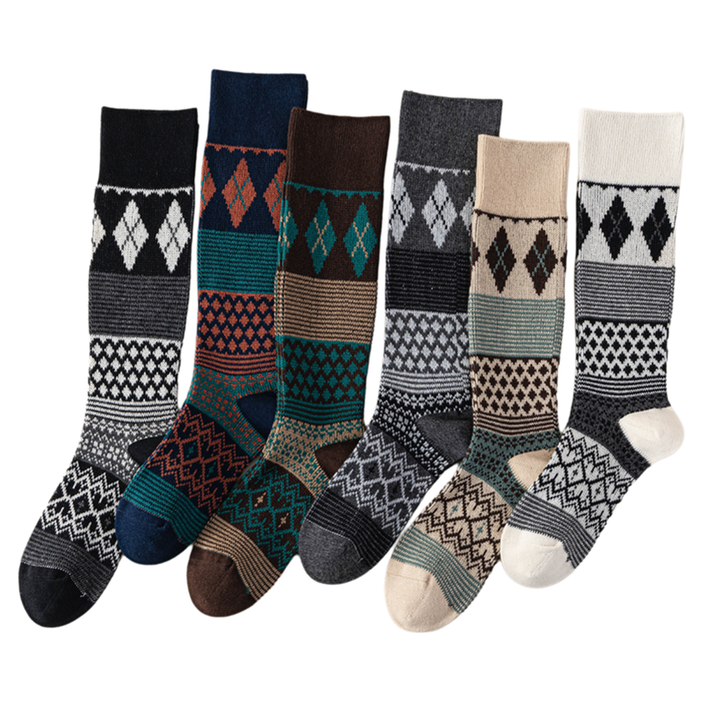 Findszx | Women’s Retro Diamond-Pattern Double-Knit Calf Socks in Cotton for Everyday Wear