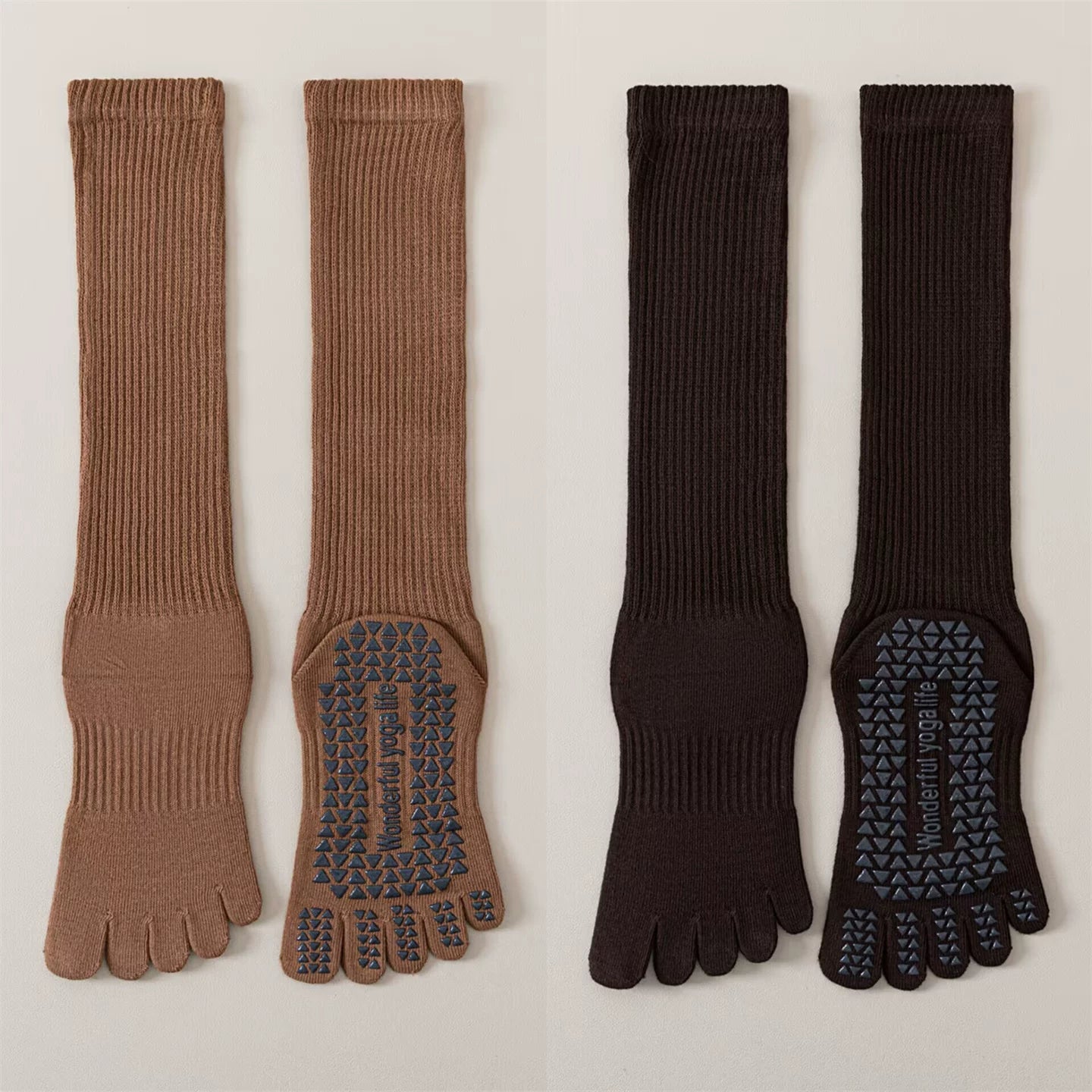 Findszx | Five-Toe Calf Socks in Warm Neutral Tones, Lightweight Design for Yoga & Pilates Wear