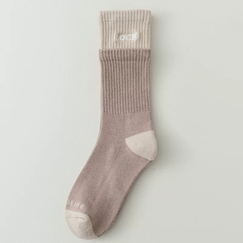 Autumn And Winter Thickened Mid-Tube Socks Double-Layer Spliced Long Socks For Women Korean Version Ins Trendy Brand Double Ruffled Letter Cotton Socks