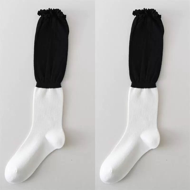 Findszx | Lace-Trim Color-Block Calf Socks for Women, Lightweight Spliced Design, Spring & Summer Daily Style
