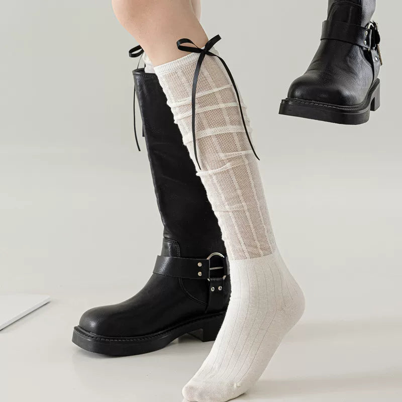 Findszx | Women’s Ballet-Inspired Hollow Knit Calf Socks with Bow Detail for Spring & Summer Wear
