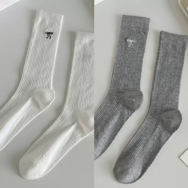 Ballet Style Bow Long Socks For Women Summer Thin Mid-High Calf Socks Mesh Breathable Pile Stockings Cotton