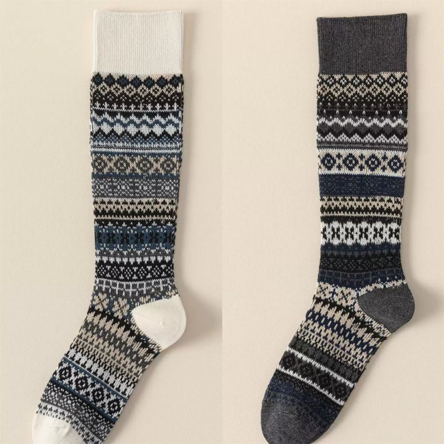 Ethnic Style Retro Calf Socks Double-Needle Fair Isle Stockings For Women In Autumn And Winter Paired With Snow Boots And Piled High Socks
