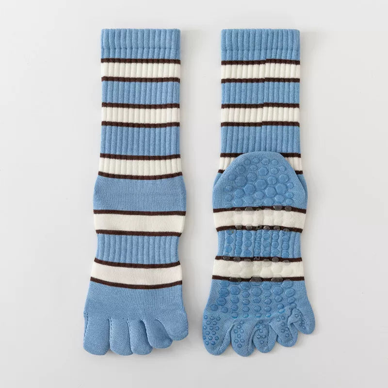 Findszx | Women’s Five-Toe Mid-Calf Socks for Yoga & Dance, Striped Pattern with Dotted Detail, Active Style