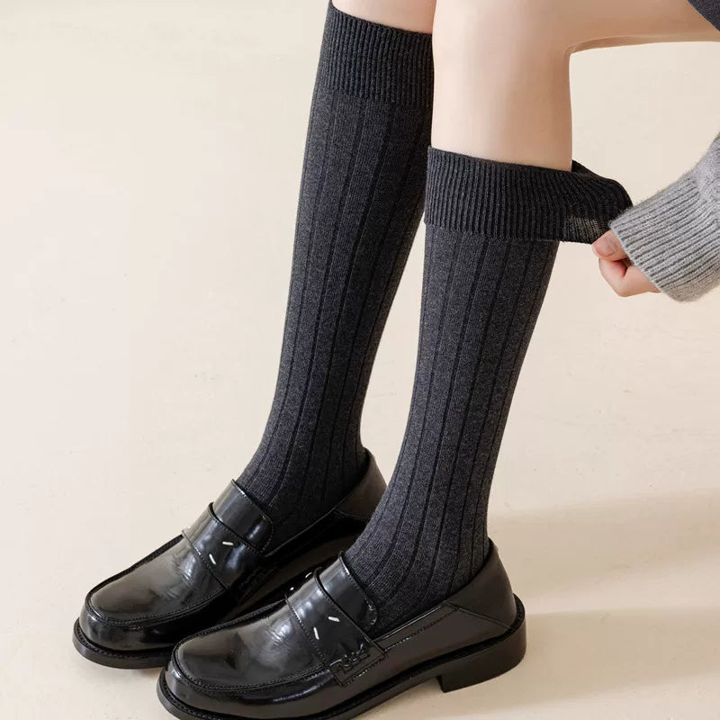 Findszx | Women’s Gray Double-Knit Long Calf Cotton Socks with Vertical Rib Texture for All-Season Wear