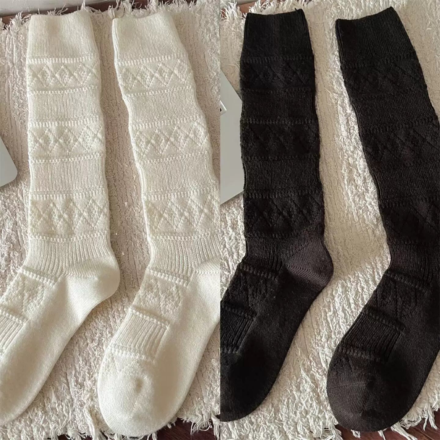 Findszx | Textured Diamond-Pattern Calf Socks for Women, Soft Knit Design, Autumn & Winter Daily Wear