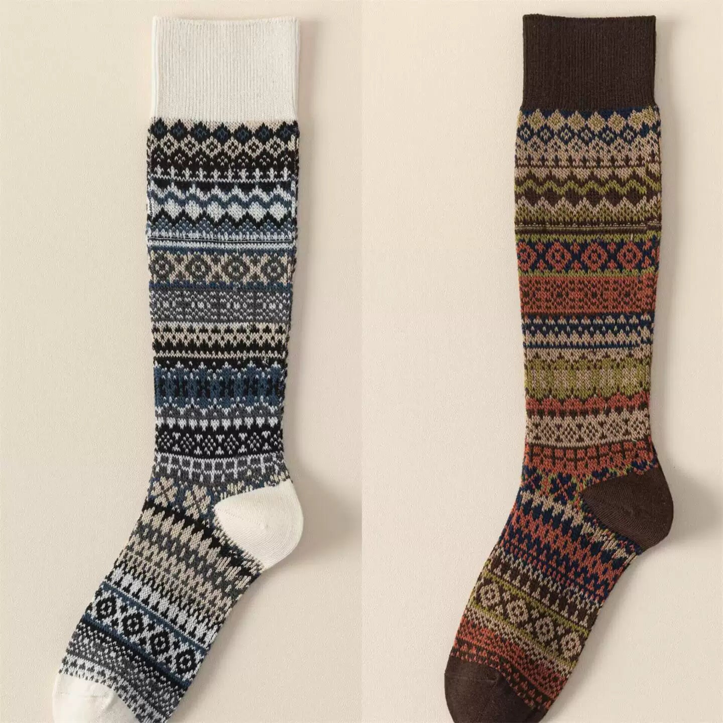 Ethnic Style Retro Calf Socks Double-Needle Fair Isle Stockings For Women In Autumn And Winter Paired With Snow Boots And Piled High Socks