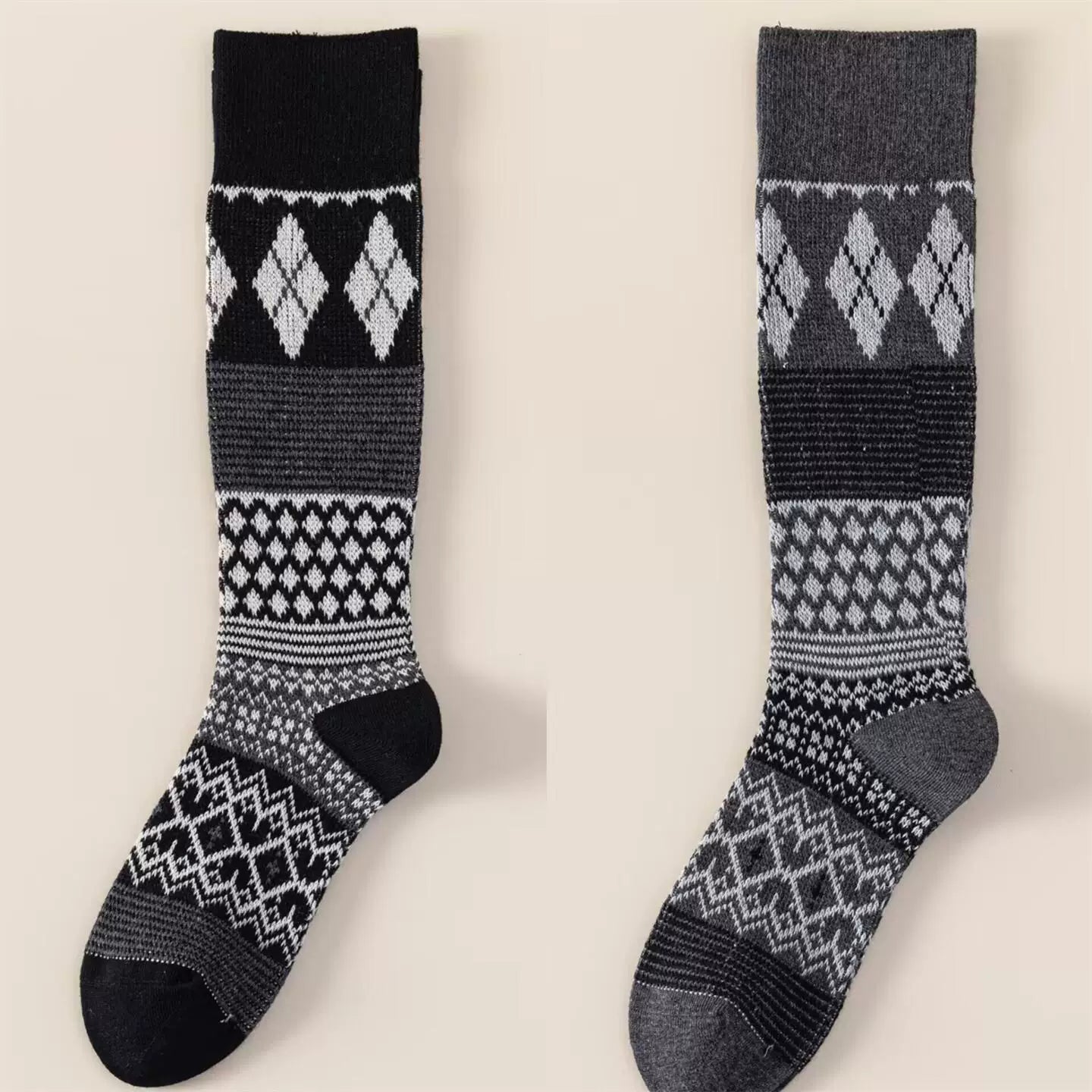 Findszx | Women’s Retro Diamond-Pattern Double-Knit Calf Socks in Cotton for Everyday Wear