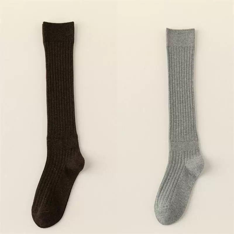 Double-Needle Calf Socks For Women In Spring And Autumn Thin Striped Pressure Slimming Solid Color Jk Versatile Knee-Length Wide Striped Stockings