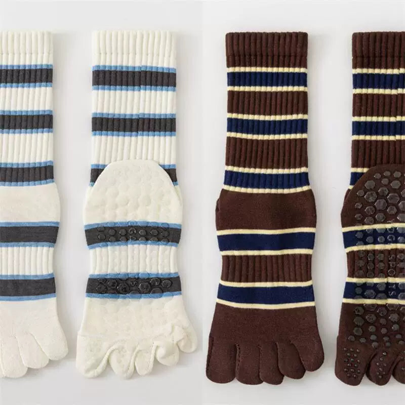 Findszx | Women’s Five-Toe Mid-Calf Socks for Yoga & Dance, Striped Pattern with Dotted Detail, Active Style