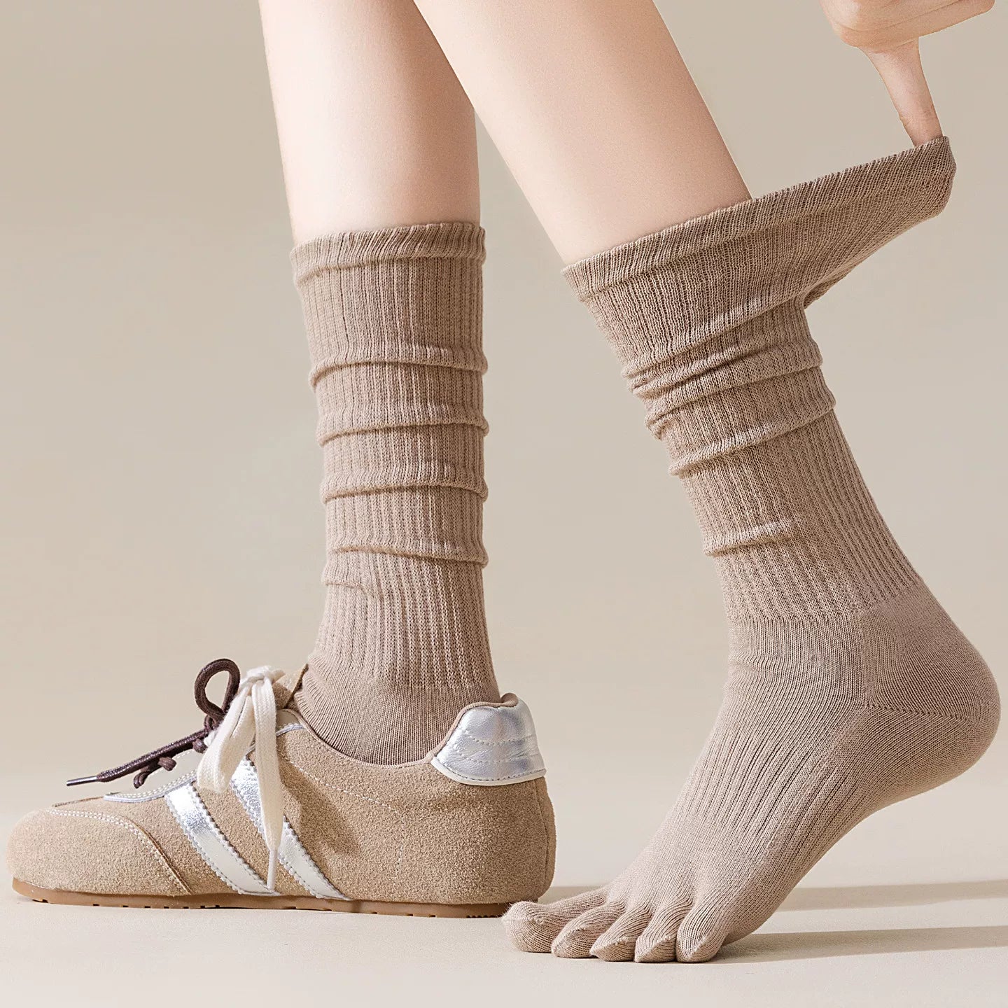 Findszx | Women’s Split-Toe Long Calf Socks in Warm Neutral Tones for Spring & Autumn Styling