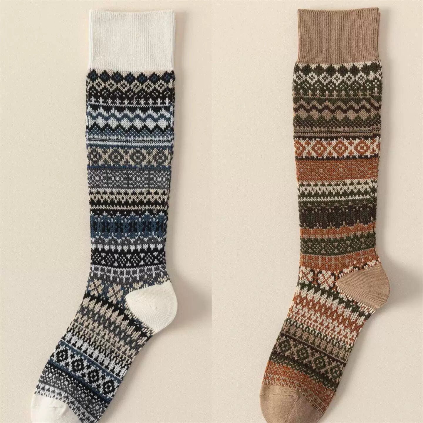 Ethnic Style Retro Calf Socks Double-Needle Fair Isle Stockings For Women In Autumn And Winter Paired With Snow Boots And Piled High Socks