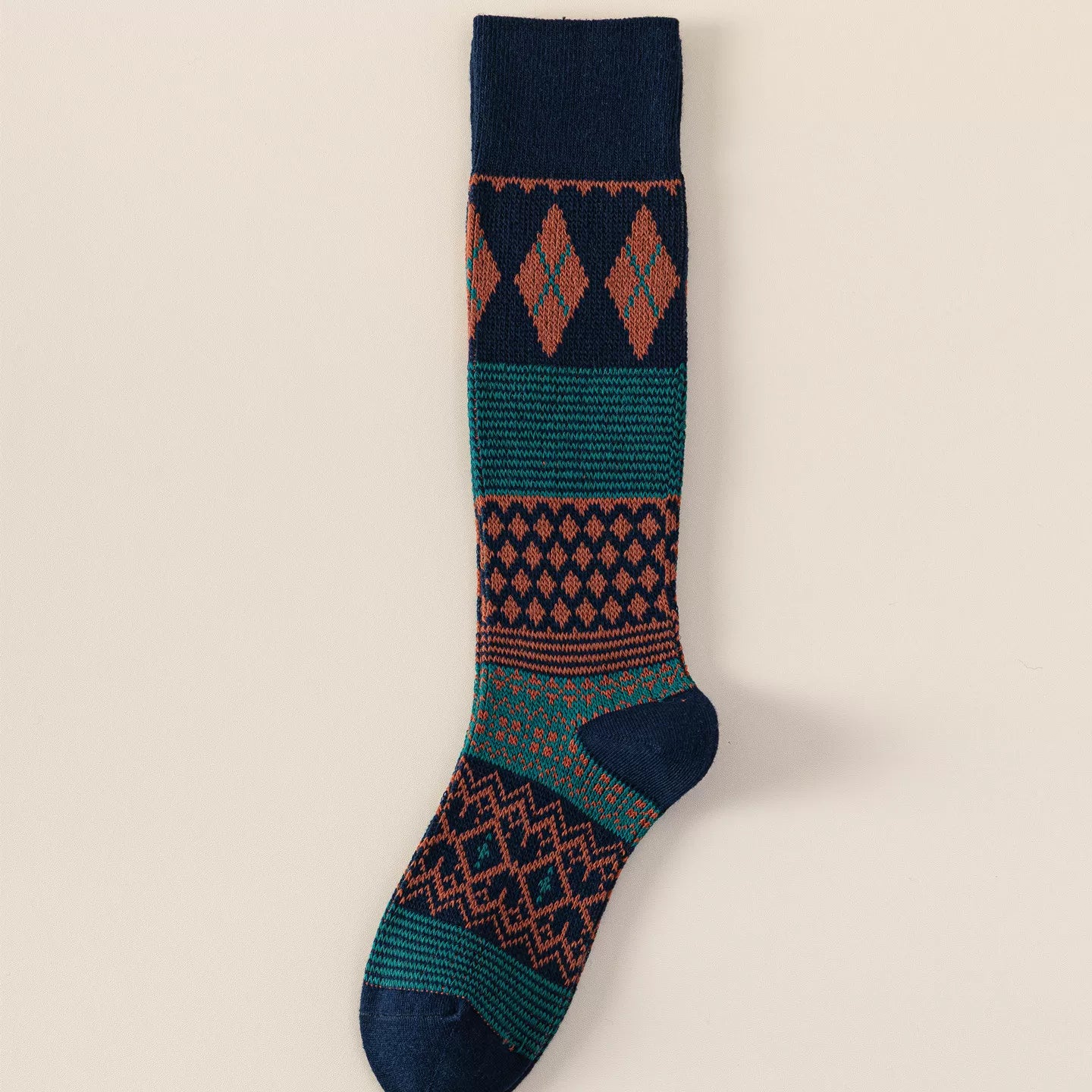Findszx | Women’s Retro Diamond-Pattern Double-Knit Calf Socks in Cotton for Everyday Wear