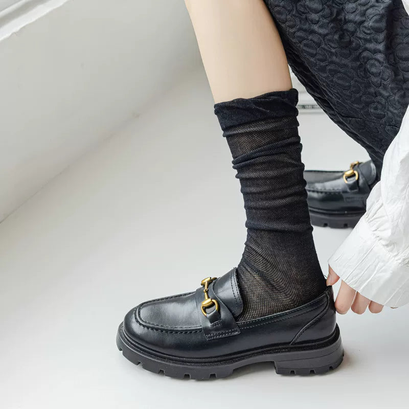 Findszx | Women’s Ballet-Inspired Bubble-Cuff Calf Socks with Ultra-Light Mesh Cotton for Summer Wear