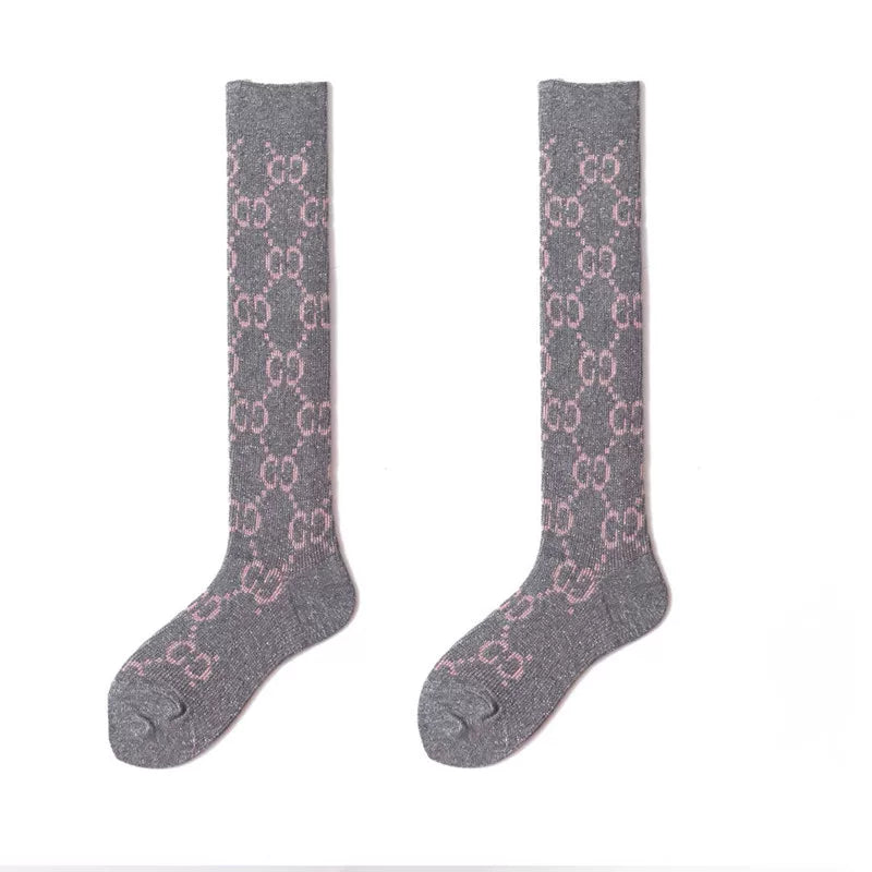 Alphabet Knee-High Socks Ins Trendy Brand Japanese Coffee-Colored Silver Onion Mid-Tube Women'S Bright Silk Mesh Red Socks Fashionable And Versatile Calf Socks