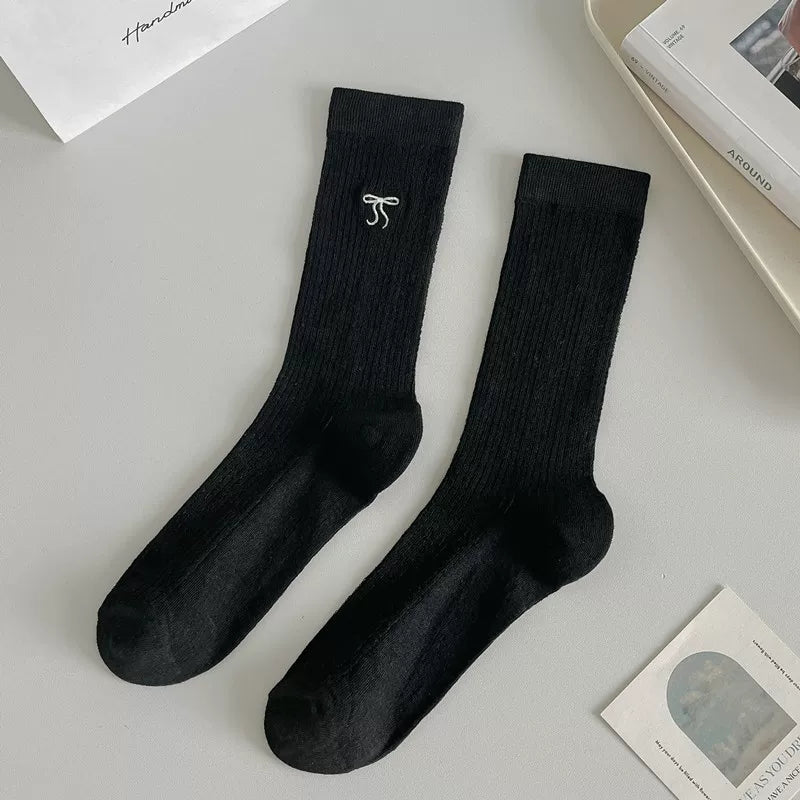 Ballet Style Bow Long Socks For Women Summer Thin Mid-High Calf Socks Mesh Breathable Pile Stockings Cotton