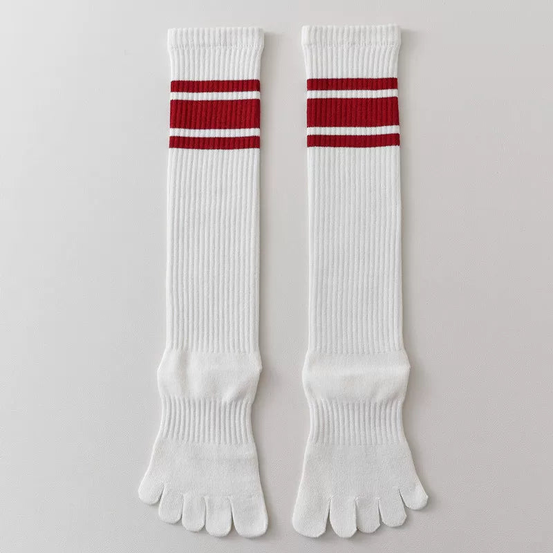 Findszx | Women’s Knee-High Five-Toe Cotton Socks with Striped Design for Spring & Autumn Wear