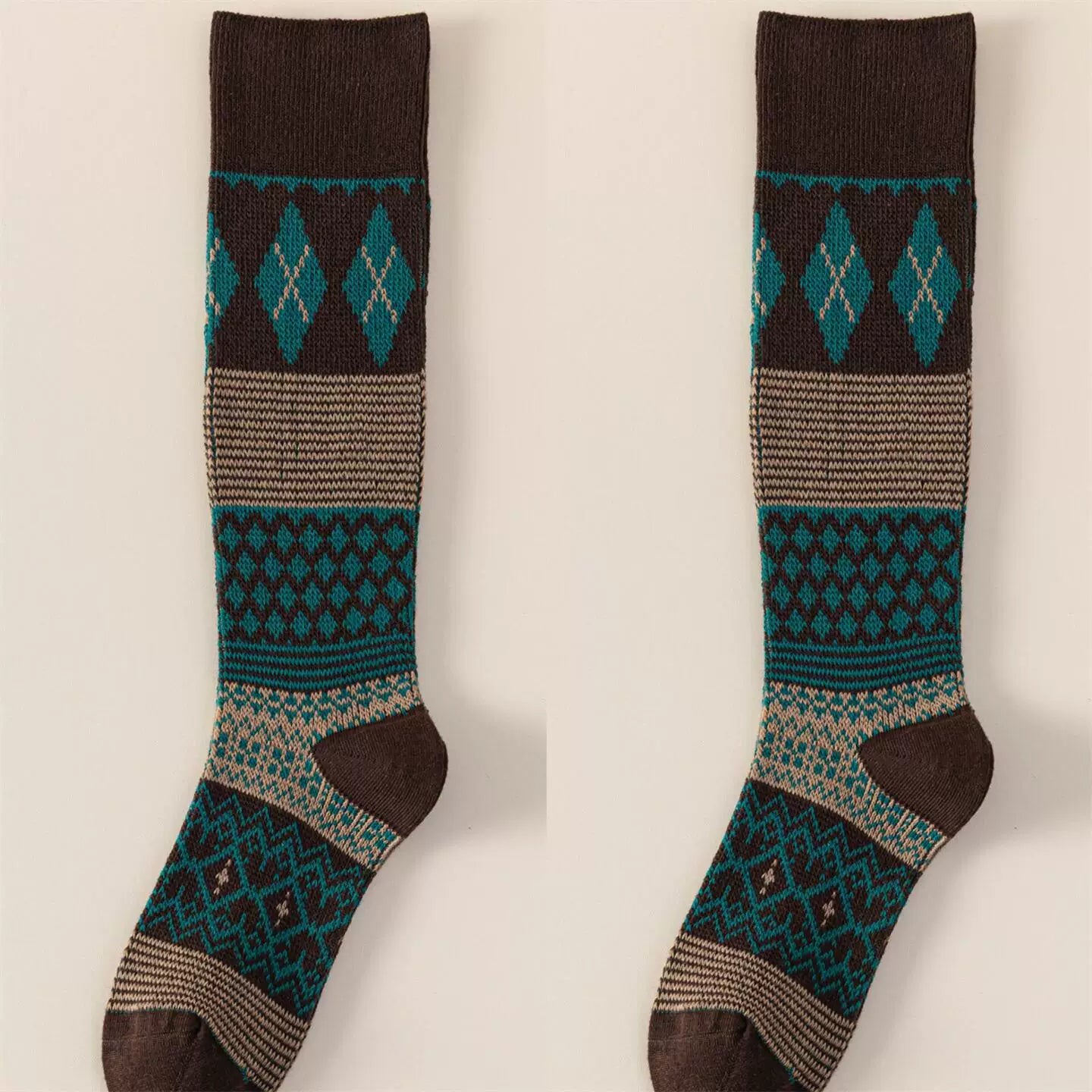 Findszx | Women’s Retro Diamond-Pattern Double-Knit Calf Socks in Cotton for Everyday Wear