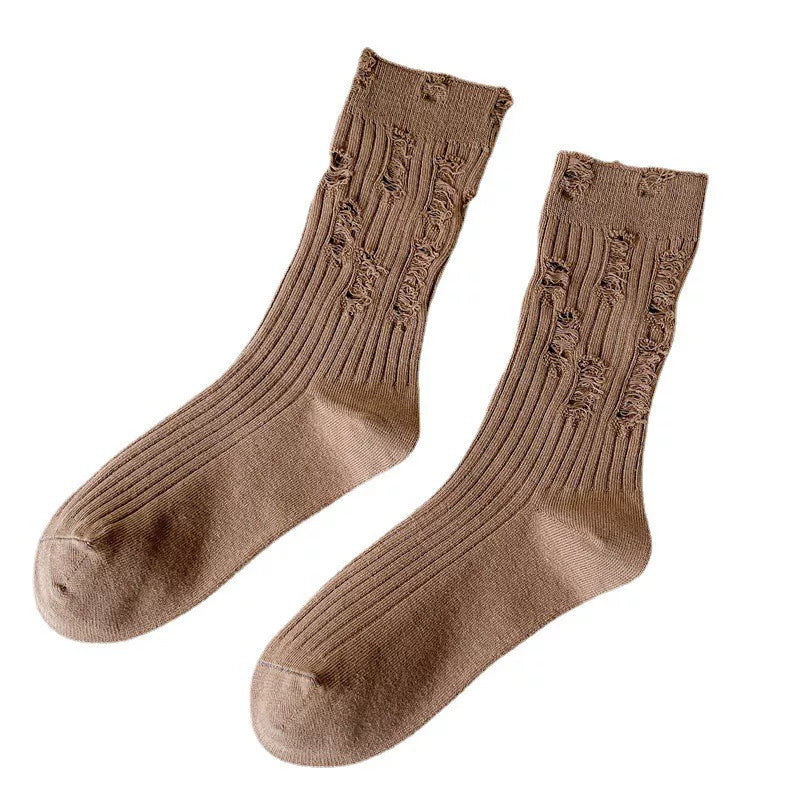 Findszx | Striped Mid-Calf Cotton Socks for Women, Lightweight Distressed Detail, Spring & Autumn Casual Wear