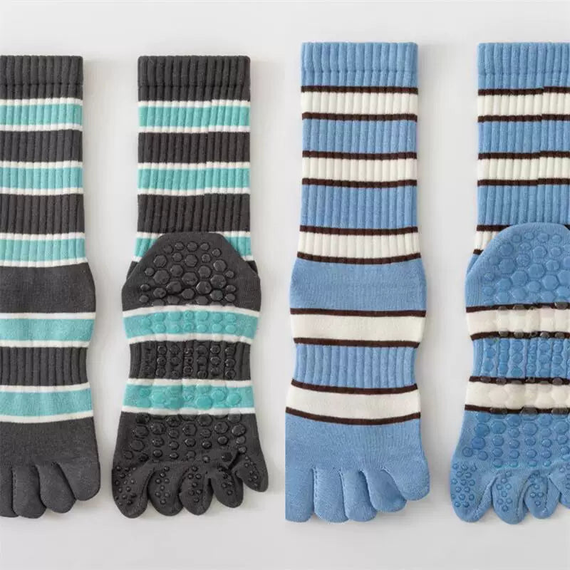 Findszx | Women’s Five-Toe Mid-Calf Socks for Yoga & Dance, Striped Pattern with Dotted Detail, Active Style