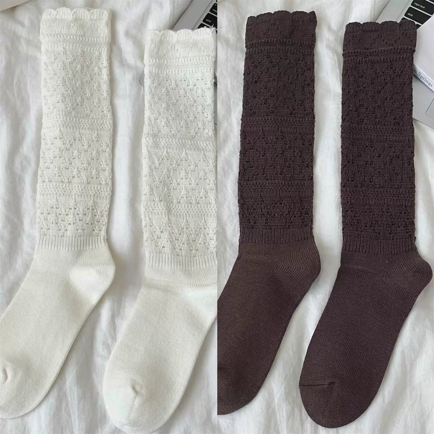 Findszx | Women’s Ballet-Inspired Lace Calf Socks with Textured Knit for Autumn & Winter Wear