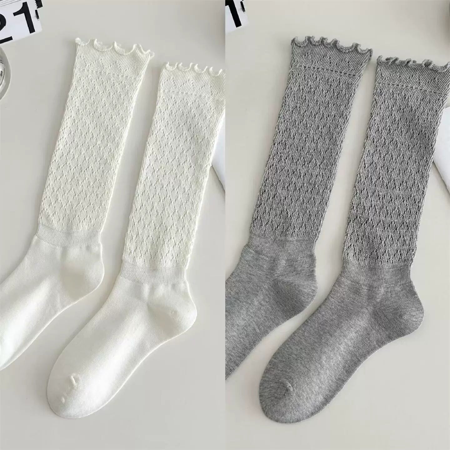 Findszx | Women’s Retro Knit Calf Socks with Lace Trim for Spring & Autumn Wear