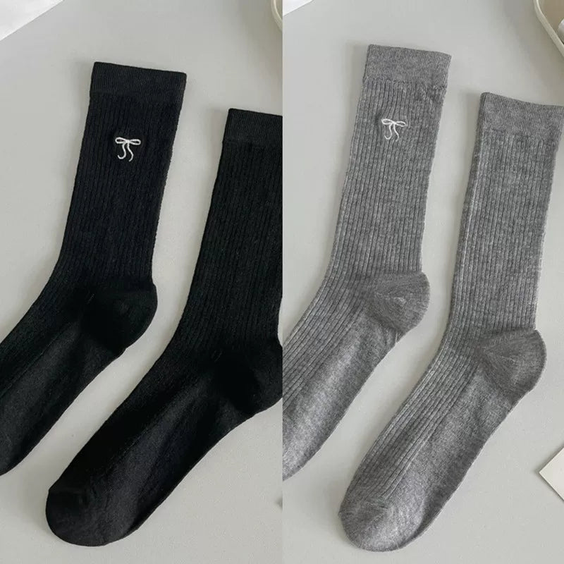 Ballet Style Bow Long Socks For Women Summer Thin Mid-High Calf Socks Mesh Breathable Pile Stockings Cotton