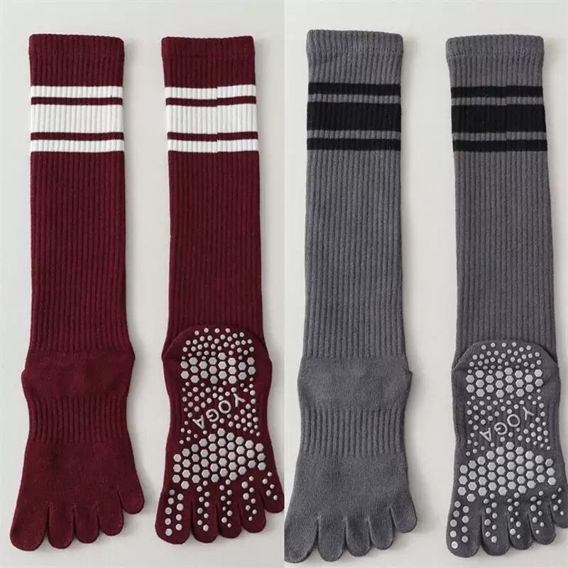 Findszx | Long Five-Toe Calf Socks for Women, Deep Red Tone, Yoga & Pilates Active Wear Style