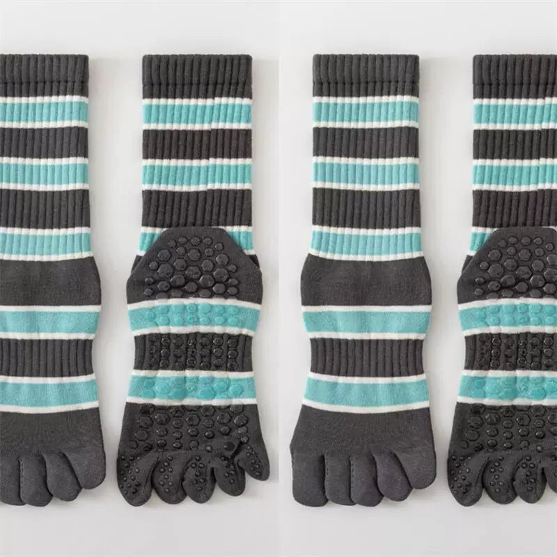 Findszx | Women’s Five-Toe Mid-Calf Socks for Yoga & Dance, Striped Pattern with Dotted Detail, Active Style
