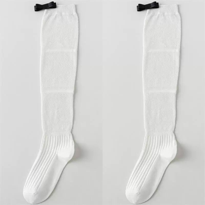 Findszx | Women’s Ballet-Inspired Long Calf Cotton Socks with Bow Detail and Sheer Mesh Texture