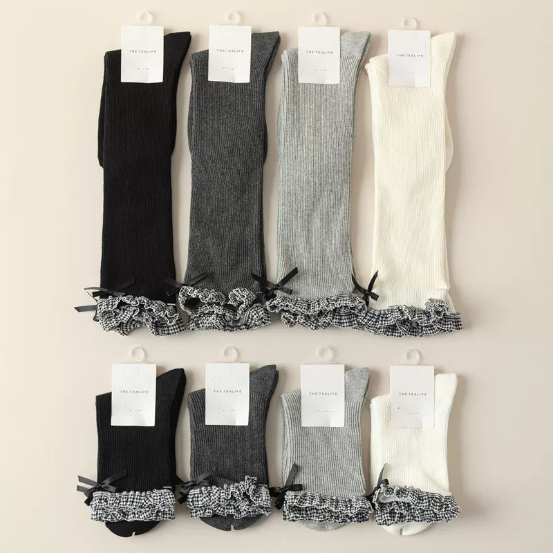Findszx | Women’s Ballet-Inspired Lace Mid-Calf Socks with Bow Detail for Autumn & Winter Wear