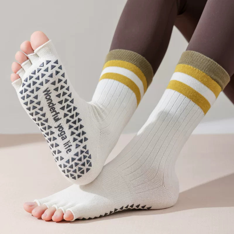 Findszx | Women’s Open-Toe Mid-Calf Five-Toe Yoga Socks with Grip for Pilates, Dance & Indoor Fitness