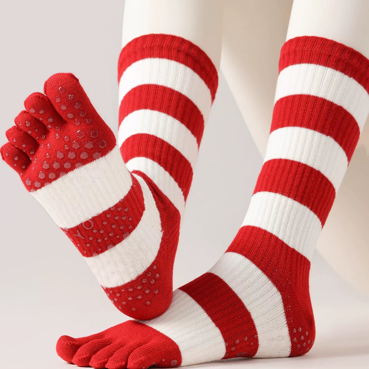 Findszx | Women’s Red Mid-Calf Five-Toe Yoga Socks with Grip for Pilates & Indoor Fitness