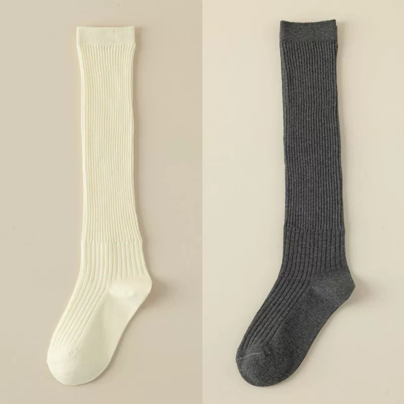 Findszx | Women’s White Long Calf Pile Socks with Vertical Stripe Texture for Spring & Summer Wear