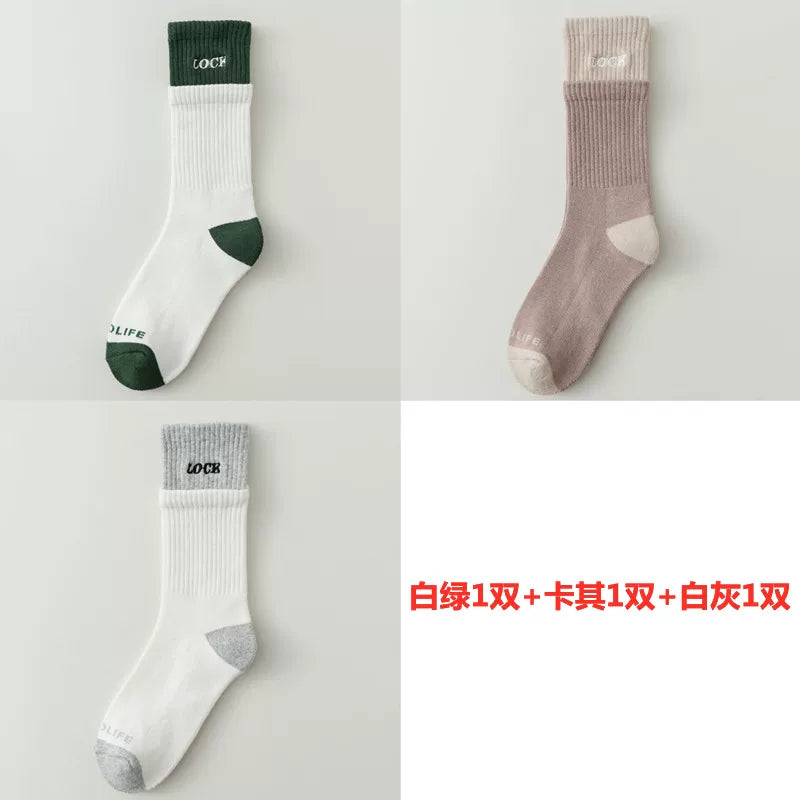 Autumn And Winter Thickened Mid-Tube Socks Double-Layer Spliced Long Socks For Women Korean Version Ins Trendy Brand Double Ruffled Letter Cotton Socks