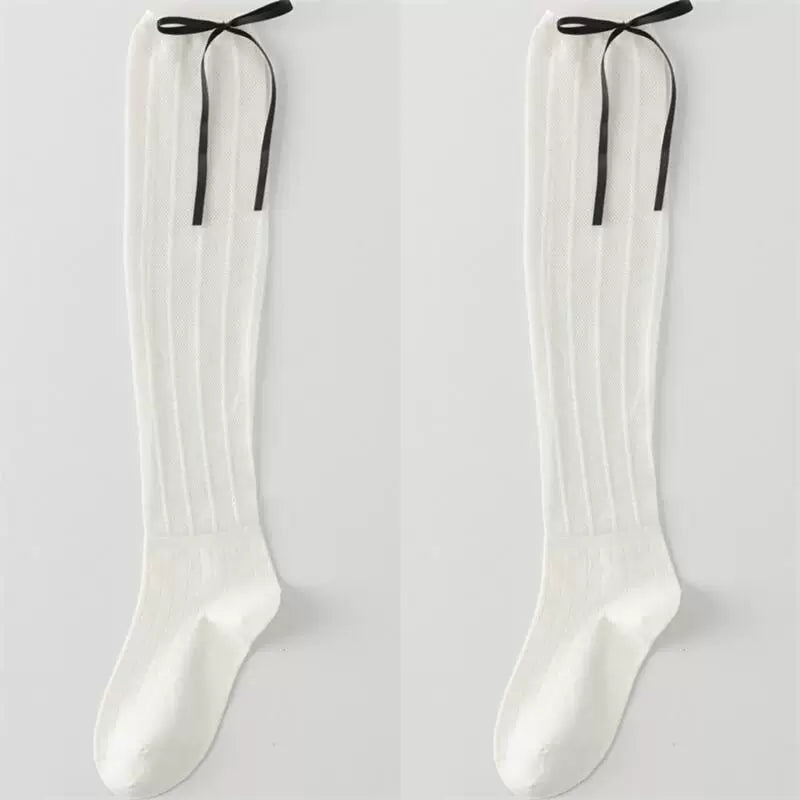 Findszx | Women’s Ballet-Inspired Hollow Knit Calf Socks with Bow Detail for Spring & Summer Wear
