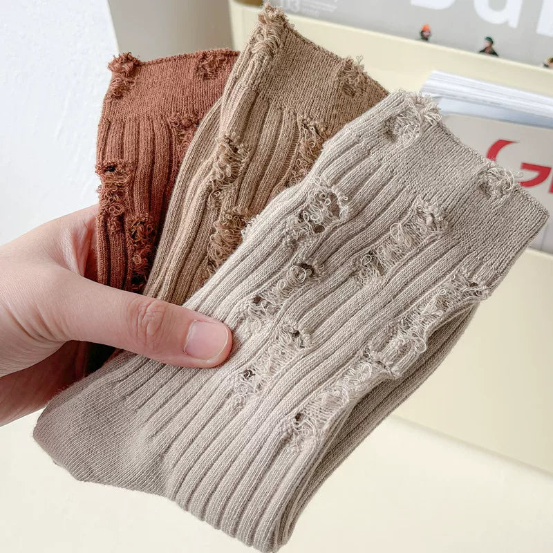 Findszx | Striped Mid-Calf Cotton Socks for Women, Lightweight Distressed Detail, Spring & Autumn Casual Wear