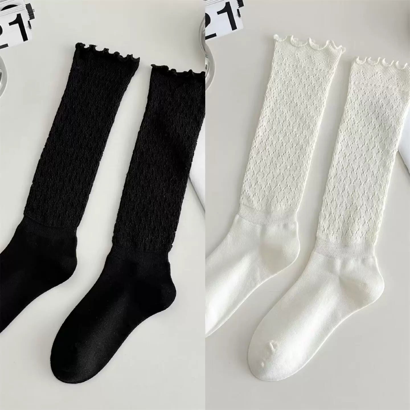 Findszx | Women’s Retro Knit Calf Socks with Lace Trim for Spring & Autumn Wear