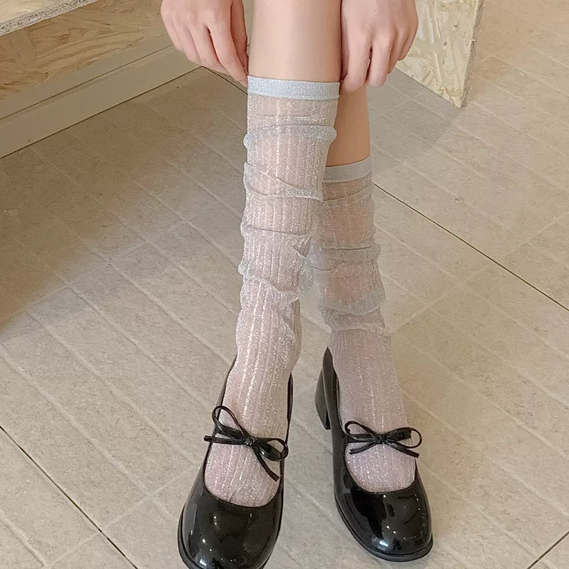 Findszx | Lightweight Vertical Stripe Long Calf Socks for Women, Sheer Texture Design, Spring & Summer Style