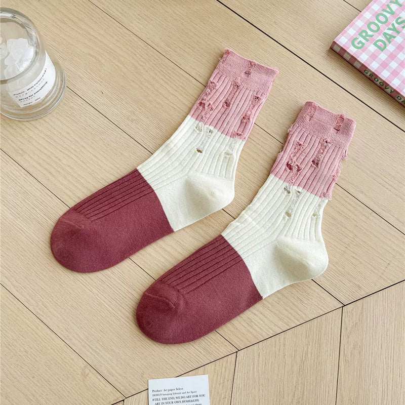 Findszx | Striped Mid-Calf Cotton Socks for Women, Lightweight Distressed Detail, Spring & Autumn Casual Wear