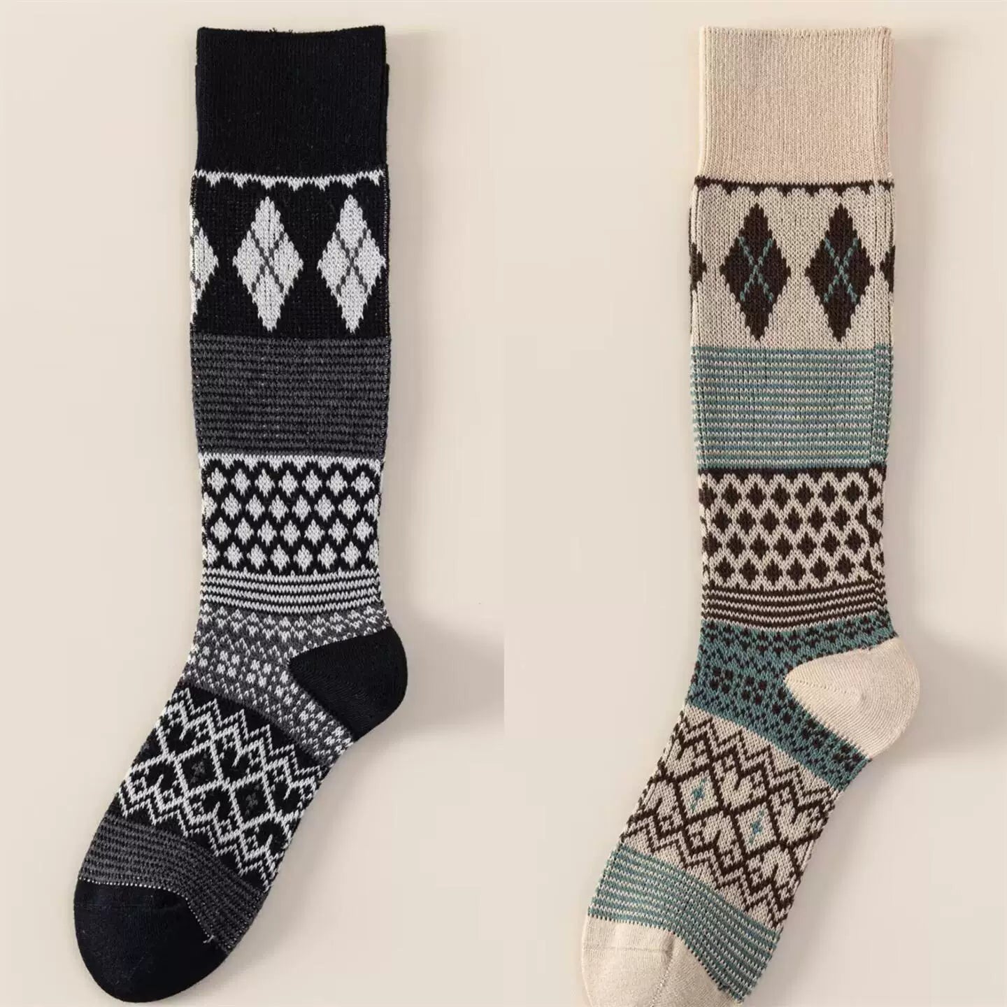 Findszx | Women’s Retro Diamond-Pattern Double-Knit Calf Socks in Cotton for Everyday Wear