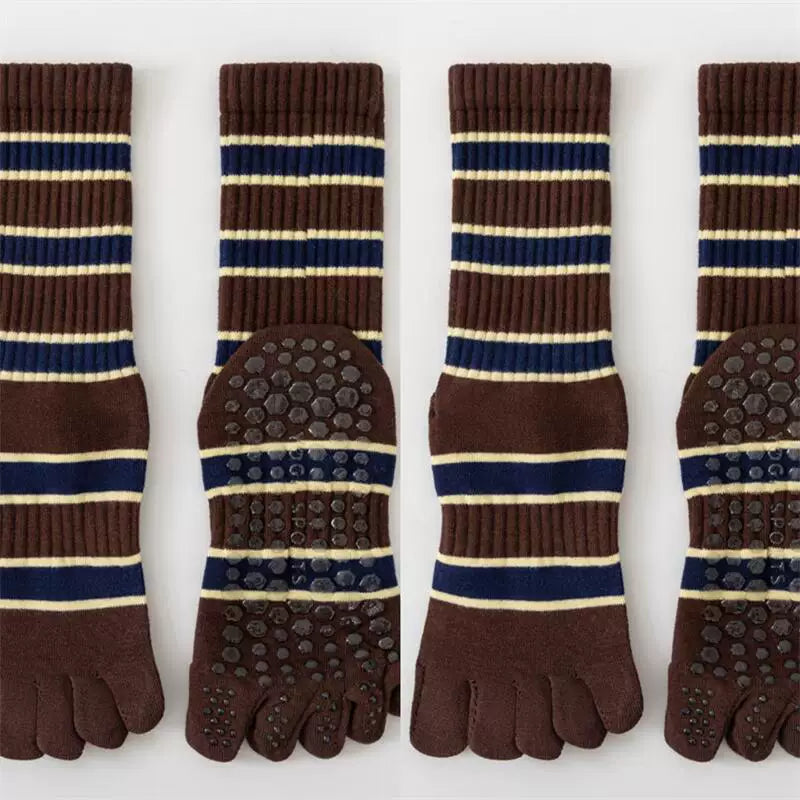 Findszx | Women’s Five-Toe Mid-Calf Socks for Yoga & Dance, Striped Pattern with Dotted Detail, Active Style