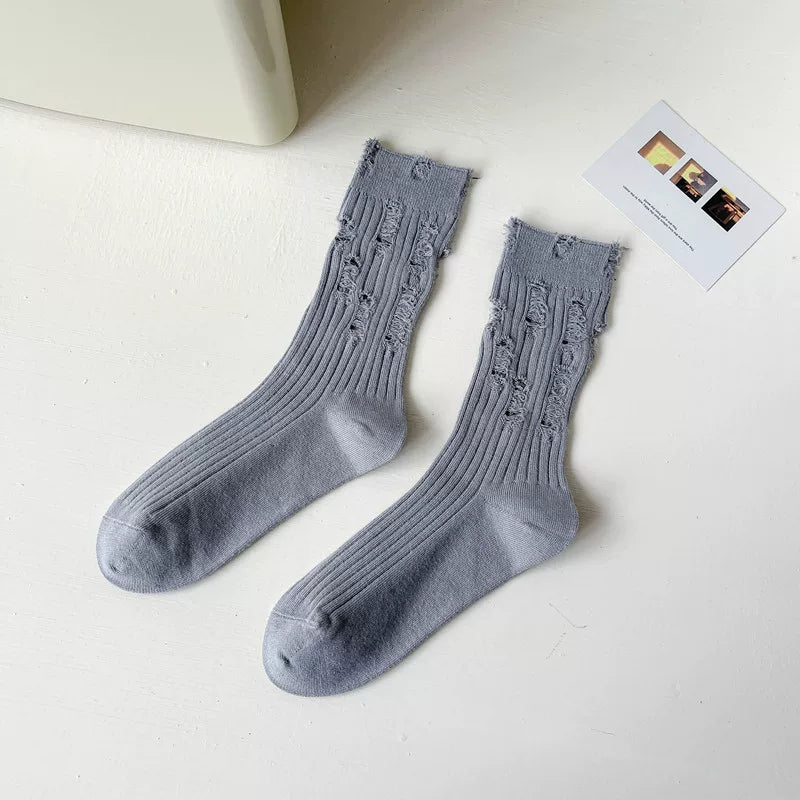 Findszx | Striped Mid-Calf Cotton Socks for Women, Lightweight Distressed Detail, Spring & Autumn Casual Wear