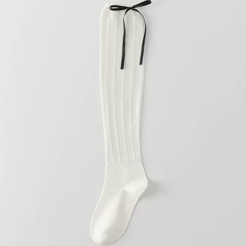 Findszx | Women’s Ballet-Inspired Hollow Knit Calf Socks with Bow Detail for Spring & Summer Wear