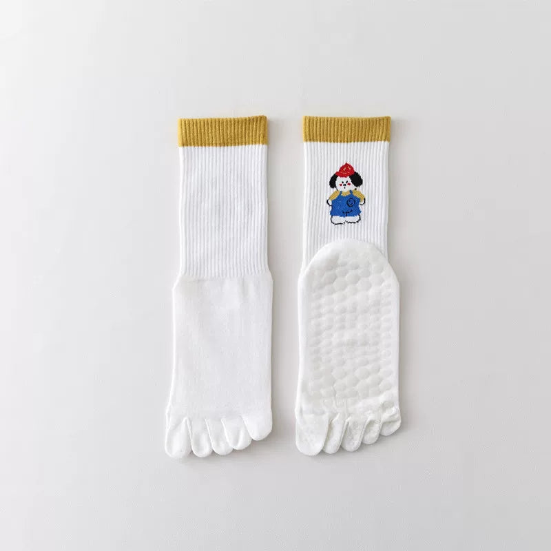 Findszx | Women’s Cartoon-Style Mid-Calf Five-Toe Yoga Socks with Grip for Pilates & Indoor Fitness