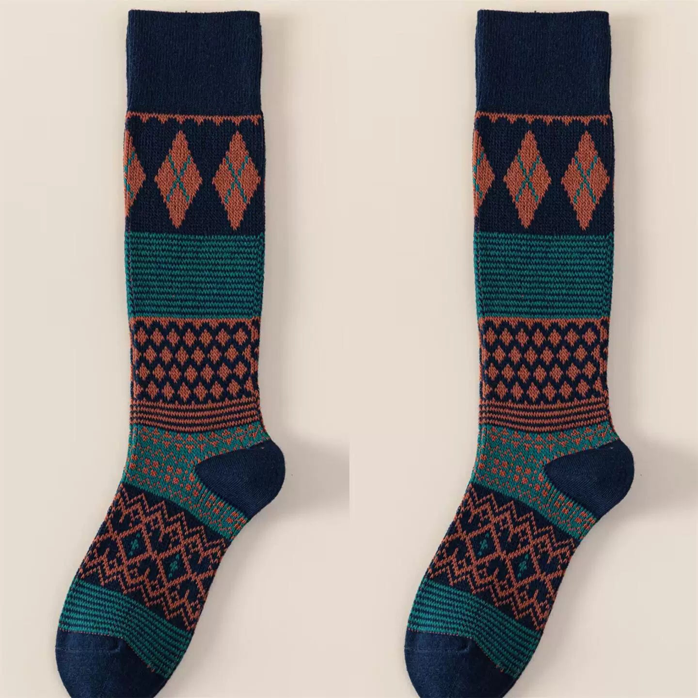 Findszx | Women’s Retro Diamond-Pattern Double-Knit Calf Socks in Cotton for Everyday Wear