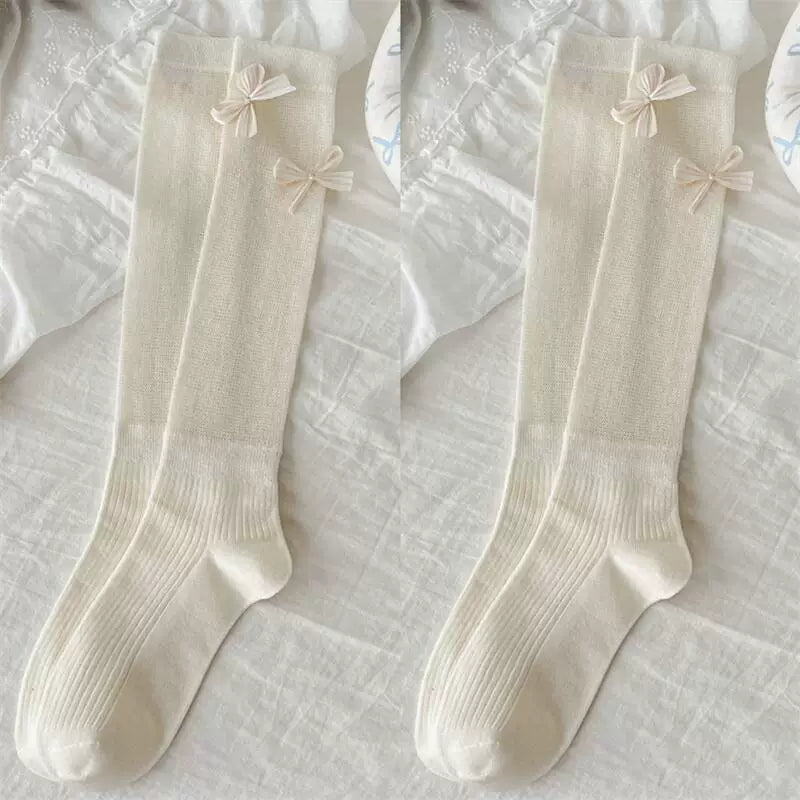 Ballet Style Bow Socks For Women Thin Sweet Cool Calf Socks Vertical Strip Jk Fashionable Miu Gray Pile Stockings