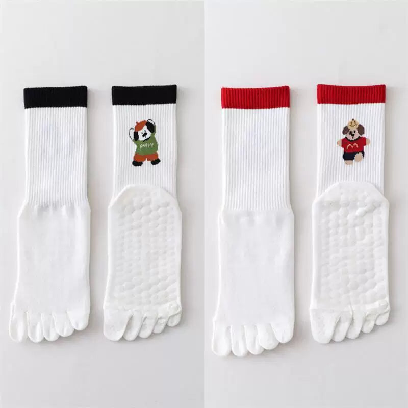 Findszx | Women’s Cartoon-Style Mid-Calf Five-Toe Yoga Socks with Grip for Pilates & Indoor Fitness